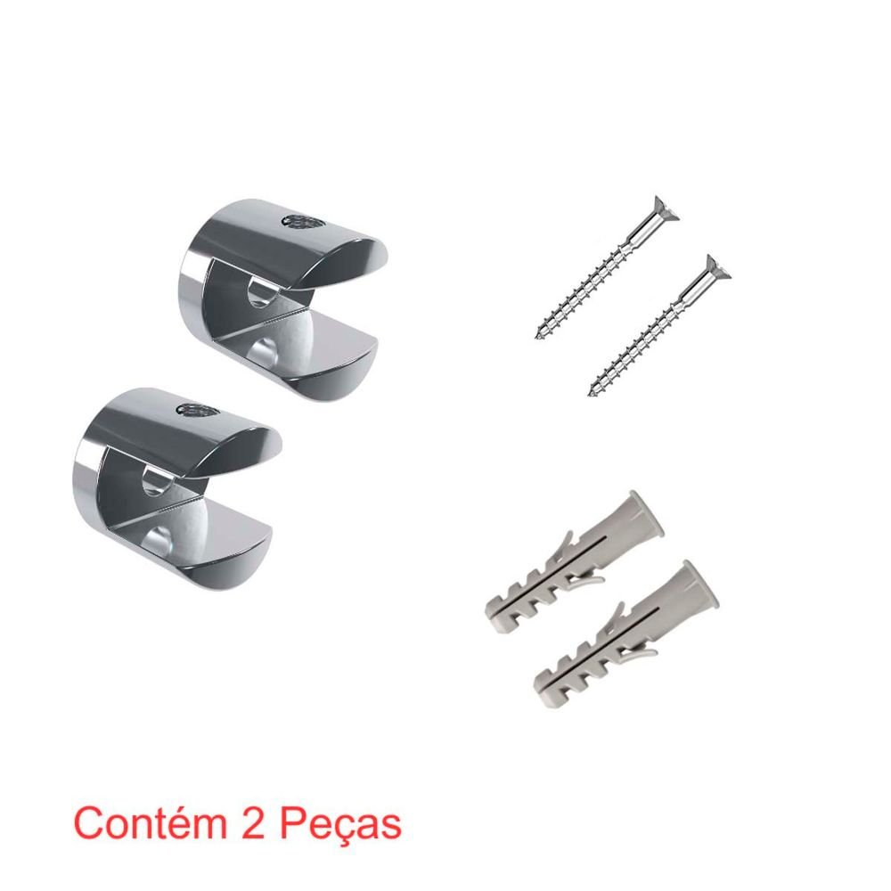 Suporte Prateleira De Vidro Curto 8 Mm + Paraf Mad. 3,8x40 + Bucha 6 Mm - 2 Pc