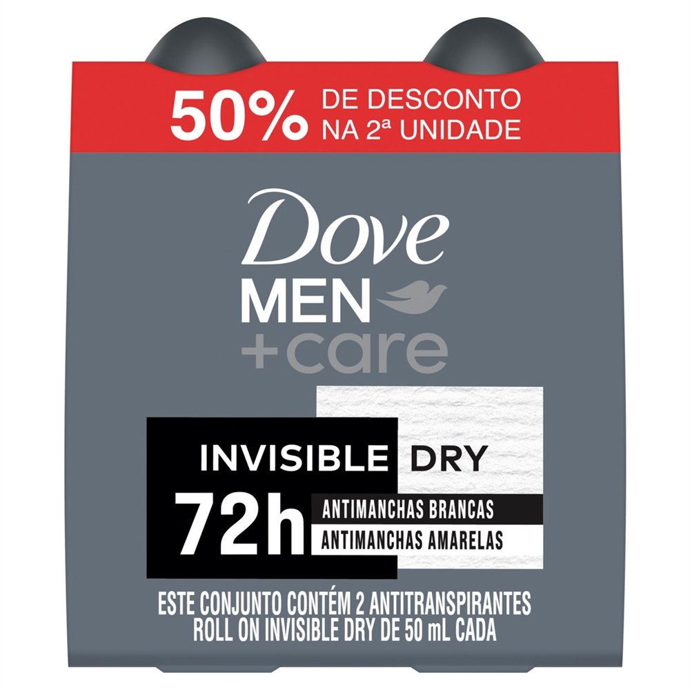 Desodorante Dove Roll-On Men Invisible Dry 50ml - Embalagem com 2 Unidades