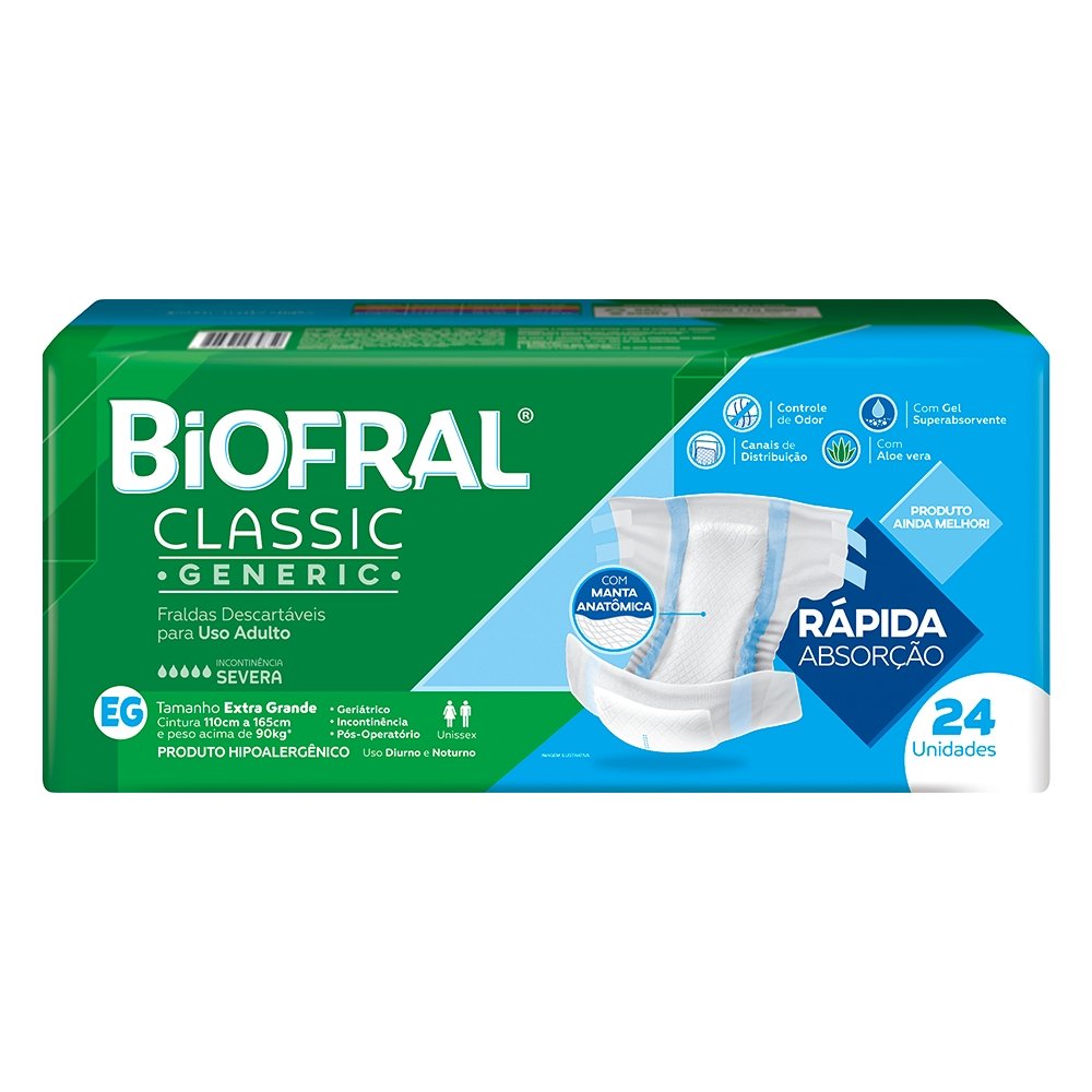 Fralda Descartável Adulto Biofral Classic Generic Tamanho XG - 3 Pacotes com 24 Fraldas - Total 72 Tiras