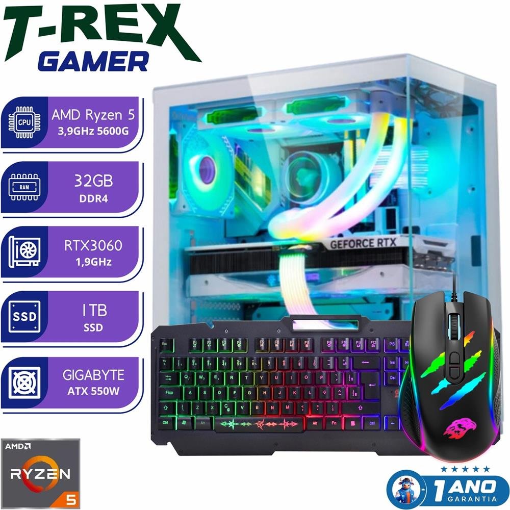Computador Gamer T-Rex AMD Ryzen 5600G 32GB SSD 1TB Vídeo 12GB RTX3060 Teclado/Mouse