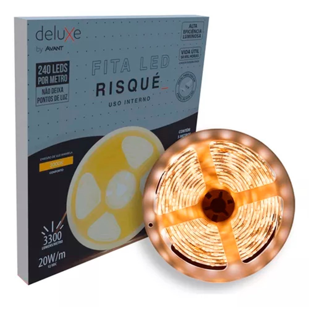 Fita Led Avant Risqué Interno IP20 12V 20W/M Amarela 3,0K 5M