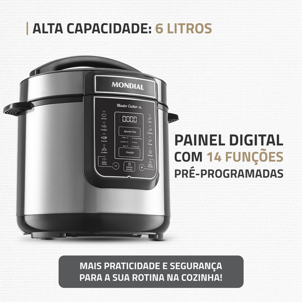 Panela de Pressão Elétrica Mondial PE-60-6L-I - 6 Litros, Preto/Inox, 220V
