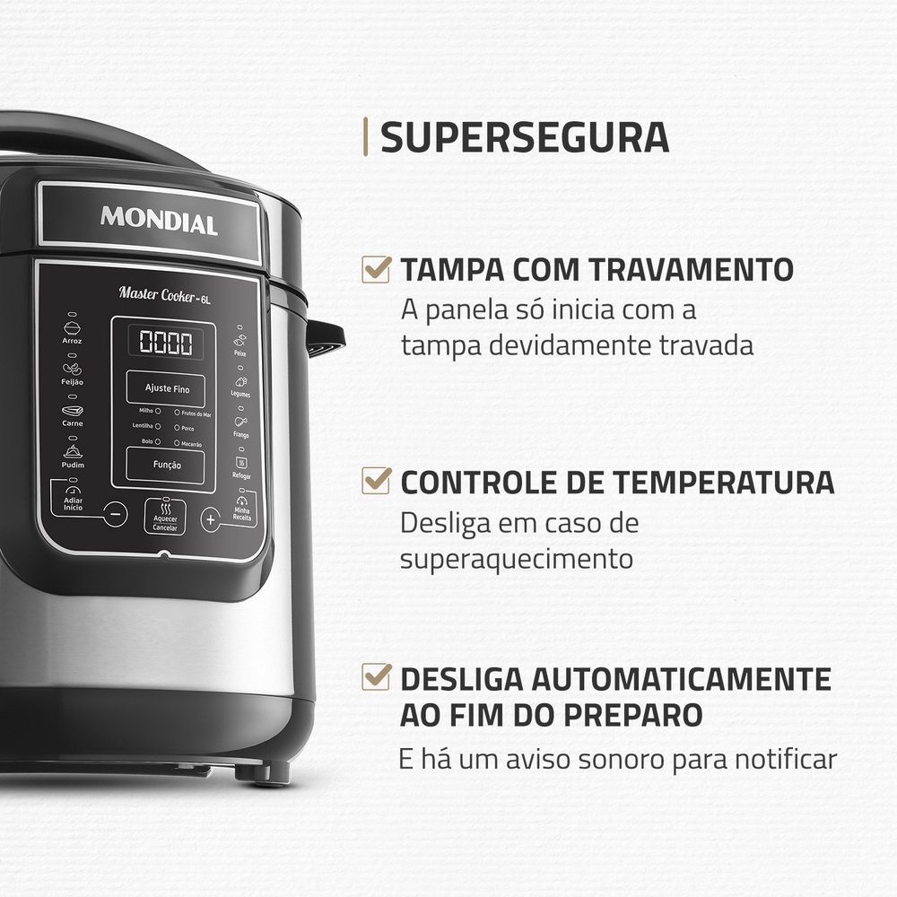 Panela de Pressão Elétrica Mondial PE-60-6L-I - 6 Litros, Preto/Inox, 220V