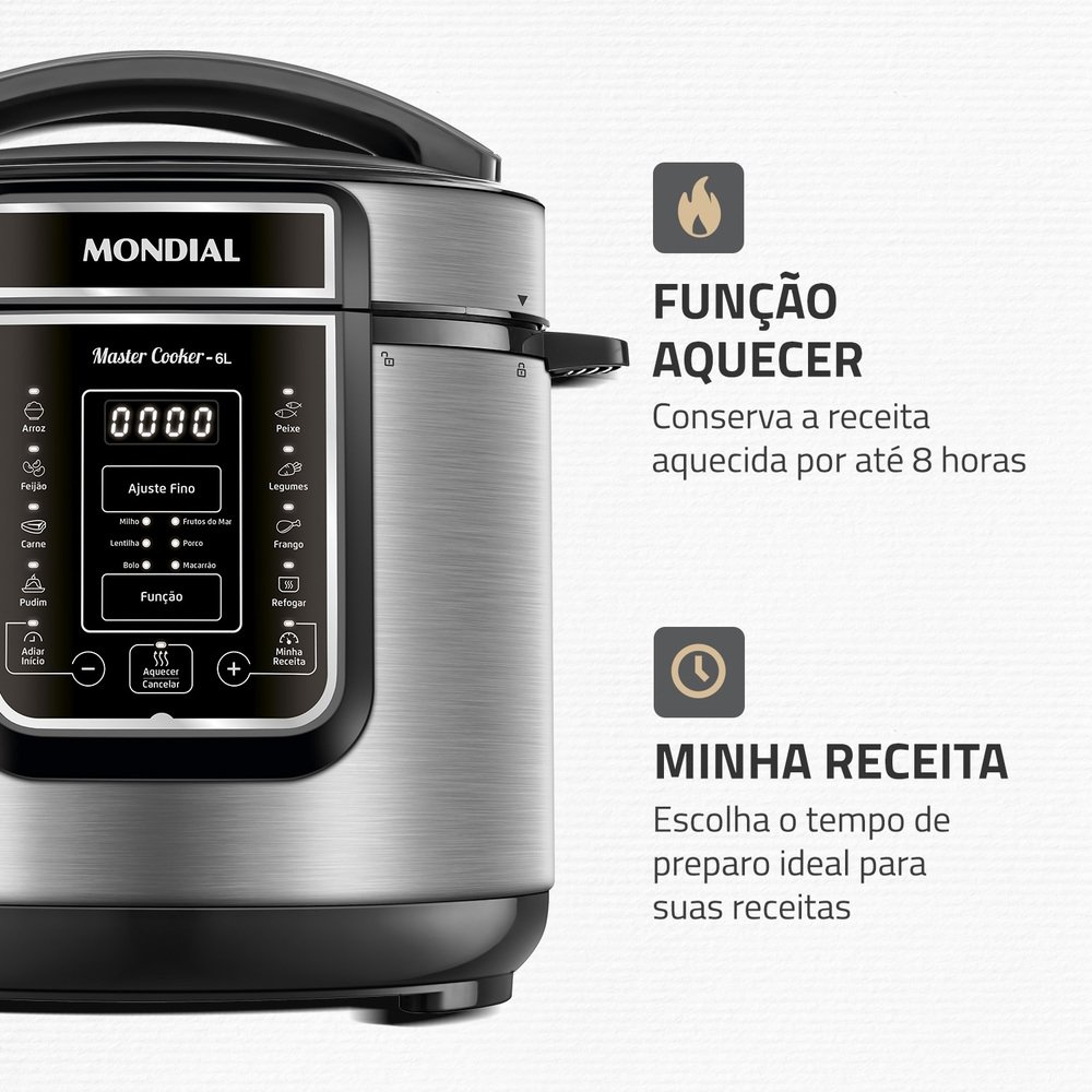 Panela de Pressão Elétrica Mondial PE-60-6L-I - 6 Litros, Preto/Inox, 220V