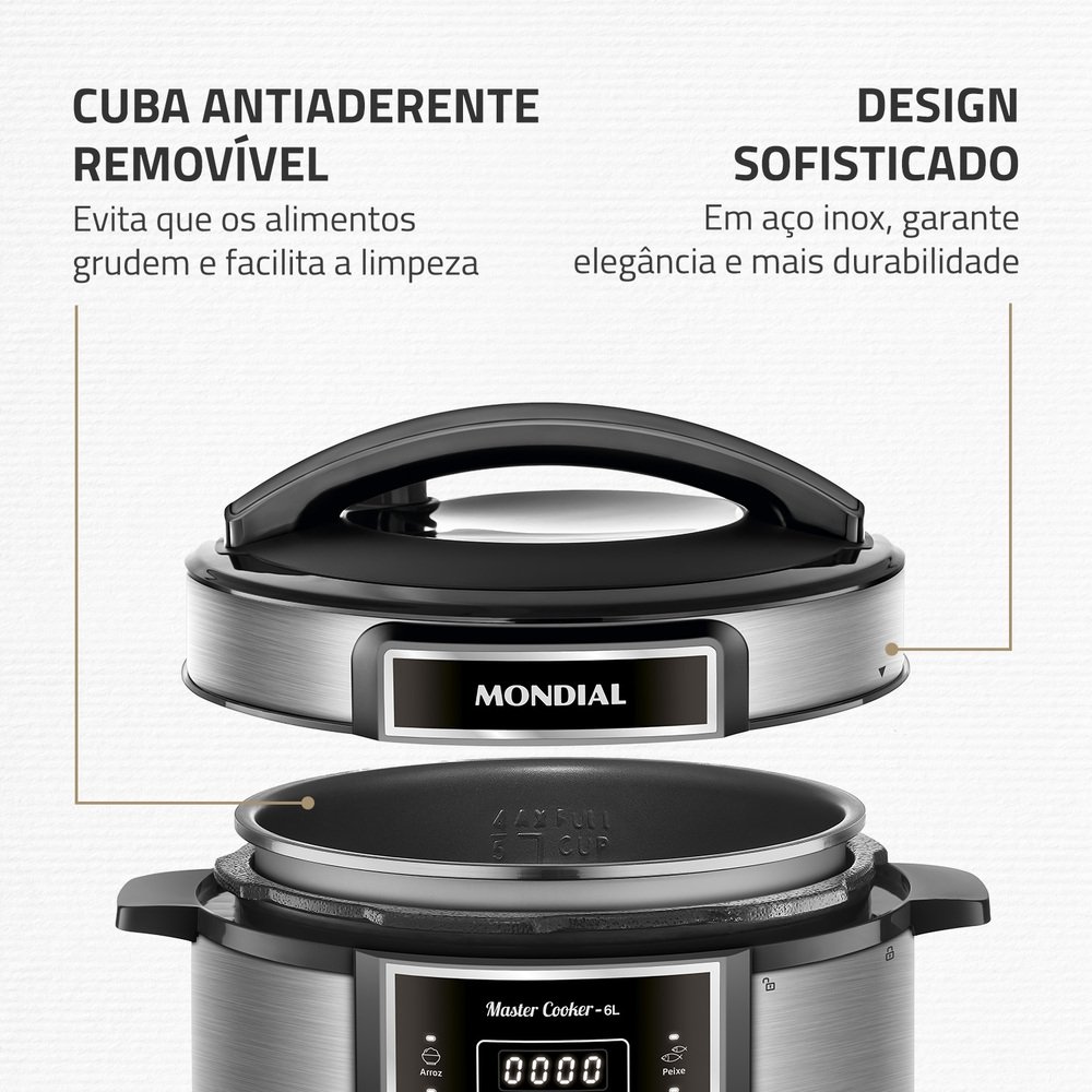 Panela de Pressão Elétrica Mondial PE-60-6L-I - 6 Litros, Preto/Inox, 220V