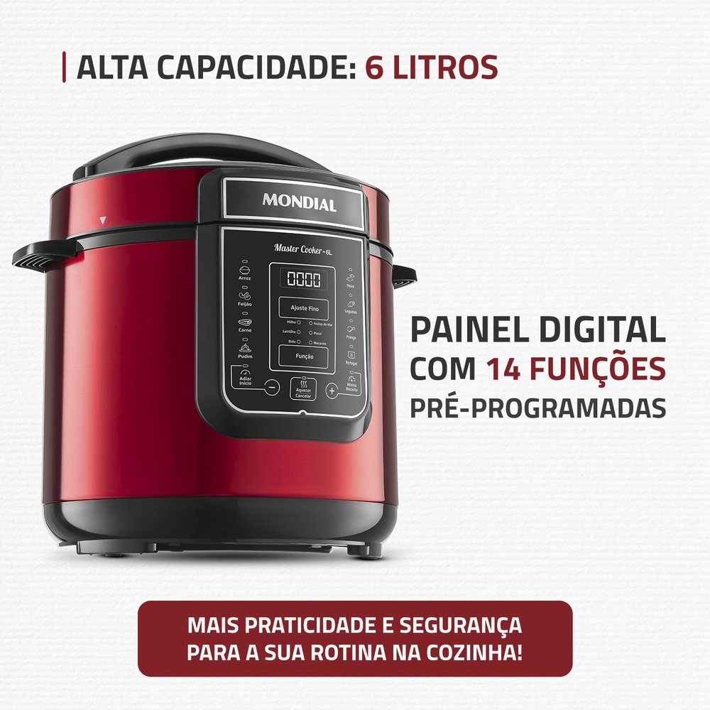 Panela Elétrica de Pressão Mondial PE-60-6L-RI | 6 Litros, Vermelho/Inox, 110V