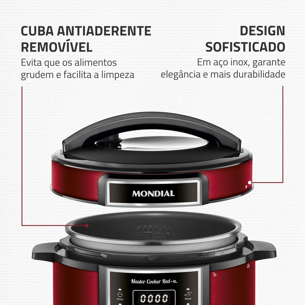 Panela Elétrica de Pressão Mondial PE-60-6L-RI | 6 Litros, Vermelho/Inox, 110V