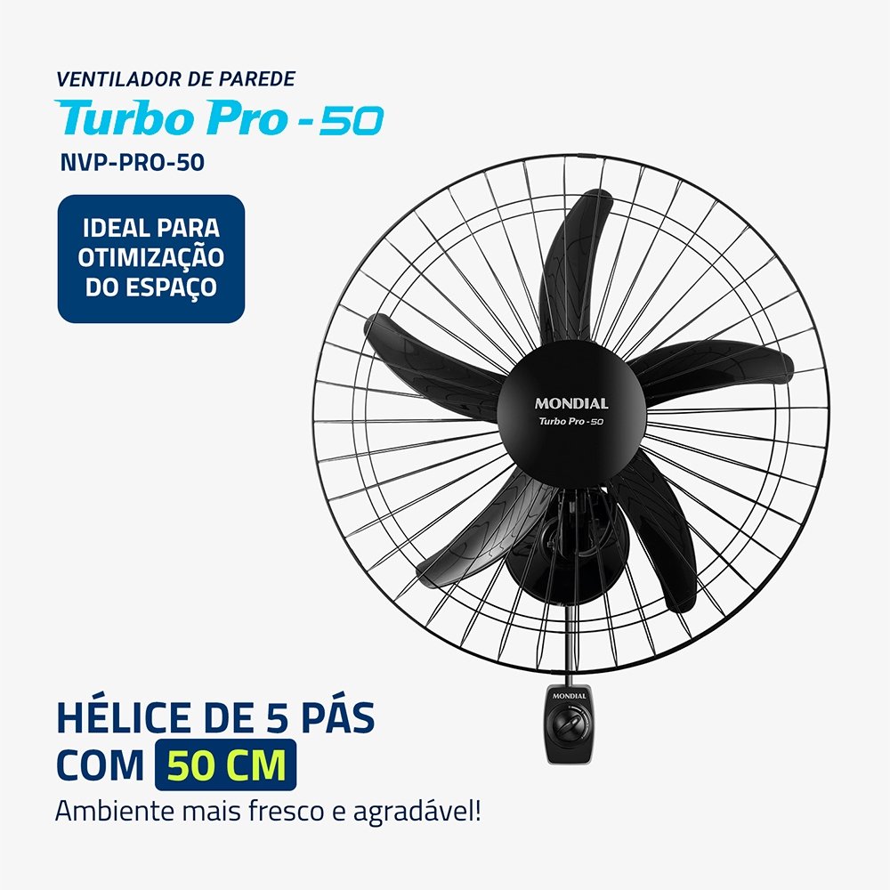 Ventilador Parede 50cm Mondial PRO NVP-PRO-50 | 5 Pás, Preto, 220V