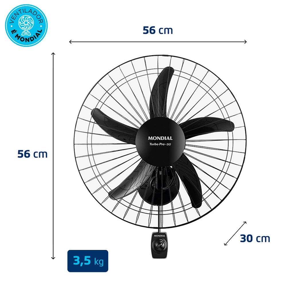 Ventilador Parede 50cm Mondial PRO NVP-PRO-50 | 5 Pás, Preto, 220V