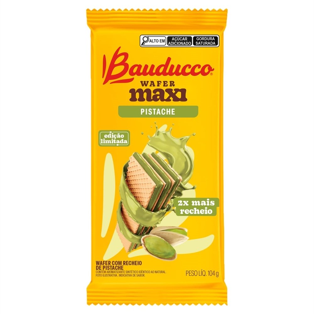 Biscoito Bauducco Wafer Maxi Pistache 104g - Embalagem com 36 Unidades