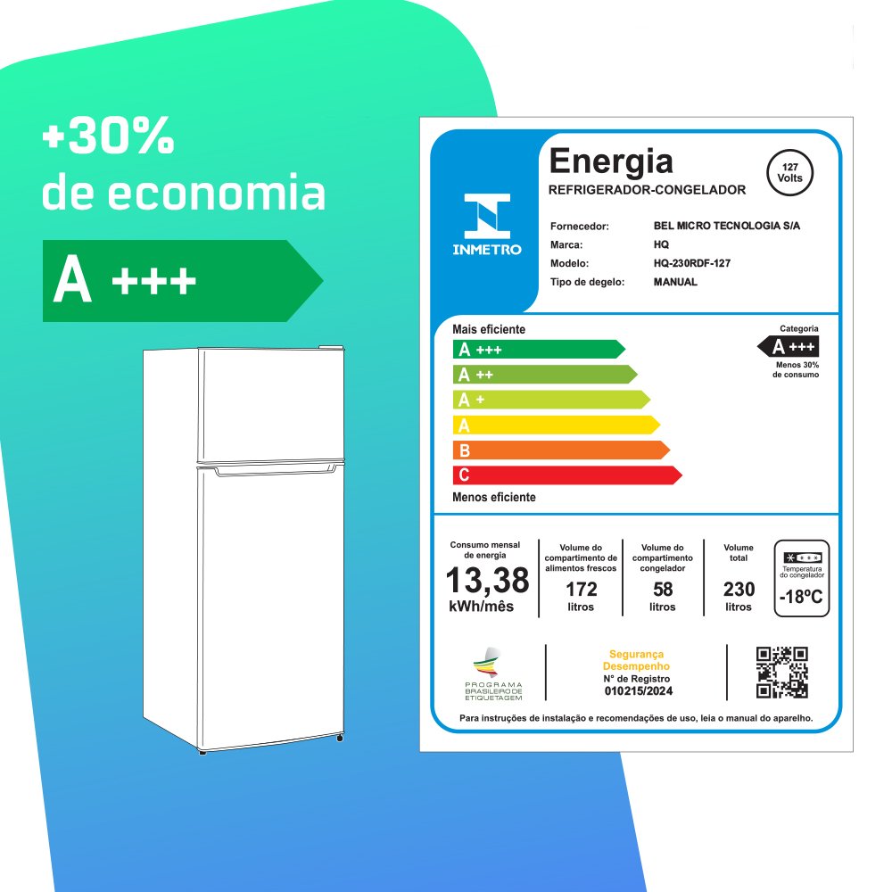 Geladeira Refrigerador HQ Defrost 230 Litros Cinza HQ-230RDF 127V