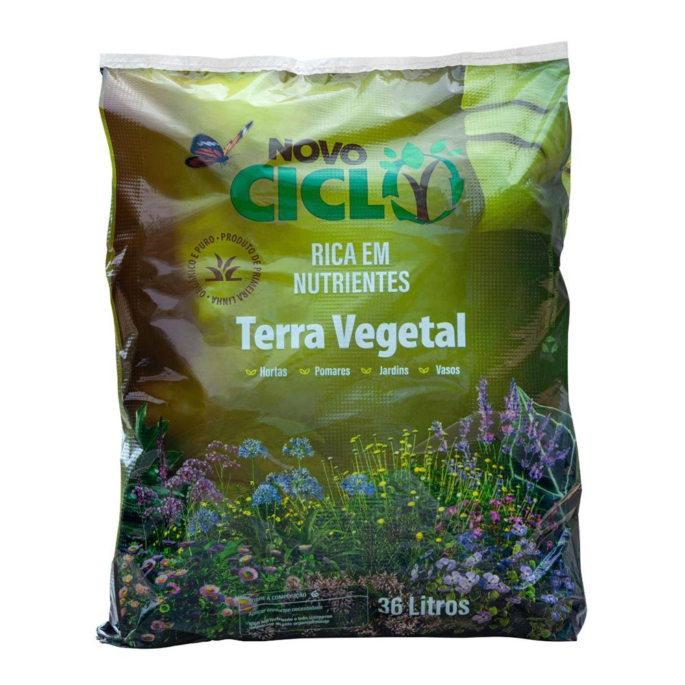Terra Vegetal Novo Ciclo- Adubação Orgânica para Vasos de Plantas , Jardins, Ornamentais, Frutiferas e Gramados - Pacote 36L