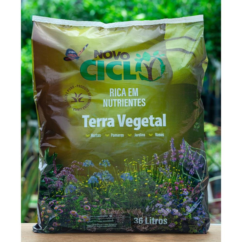 Terra Vegetal Novo Ciclo- Adubação Orgânica para Vasos de Plantas , Jardins, Ornamentais, Frutiferas e Gramados - Pacote 36L
