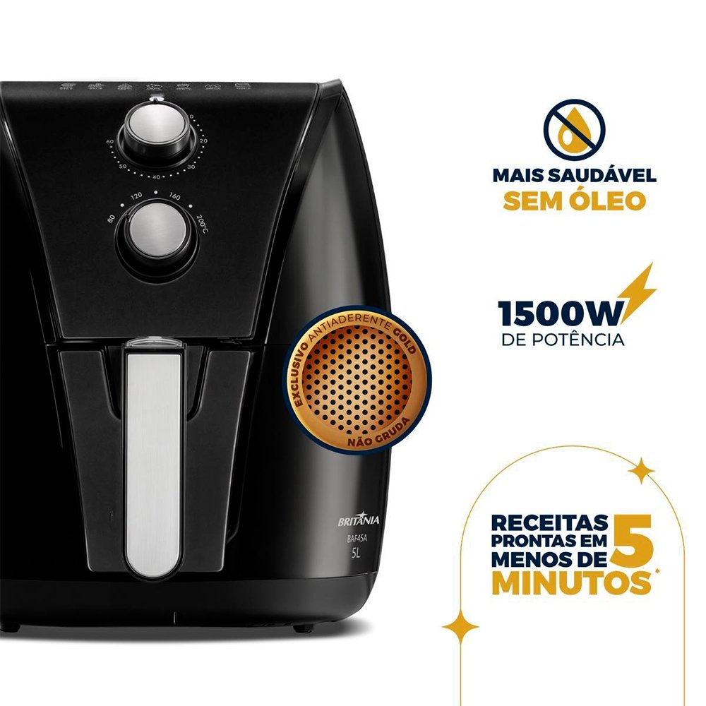 Fritadeira Air Fryer Britânia BAF45A - 1500W, 5 Litros, Preto com Revestimento Gold, 220V