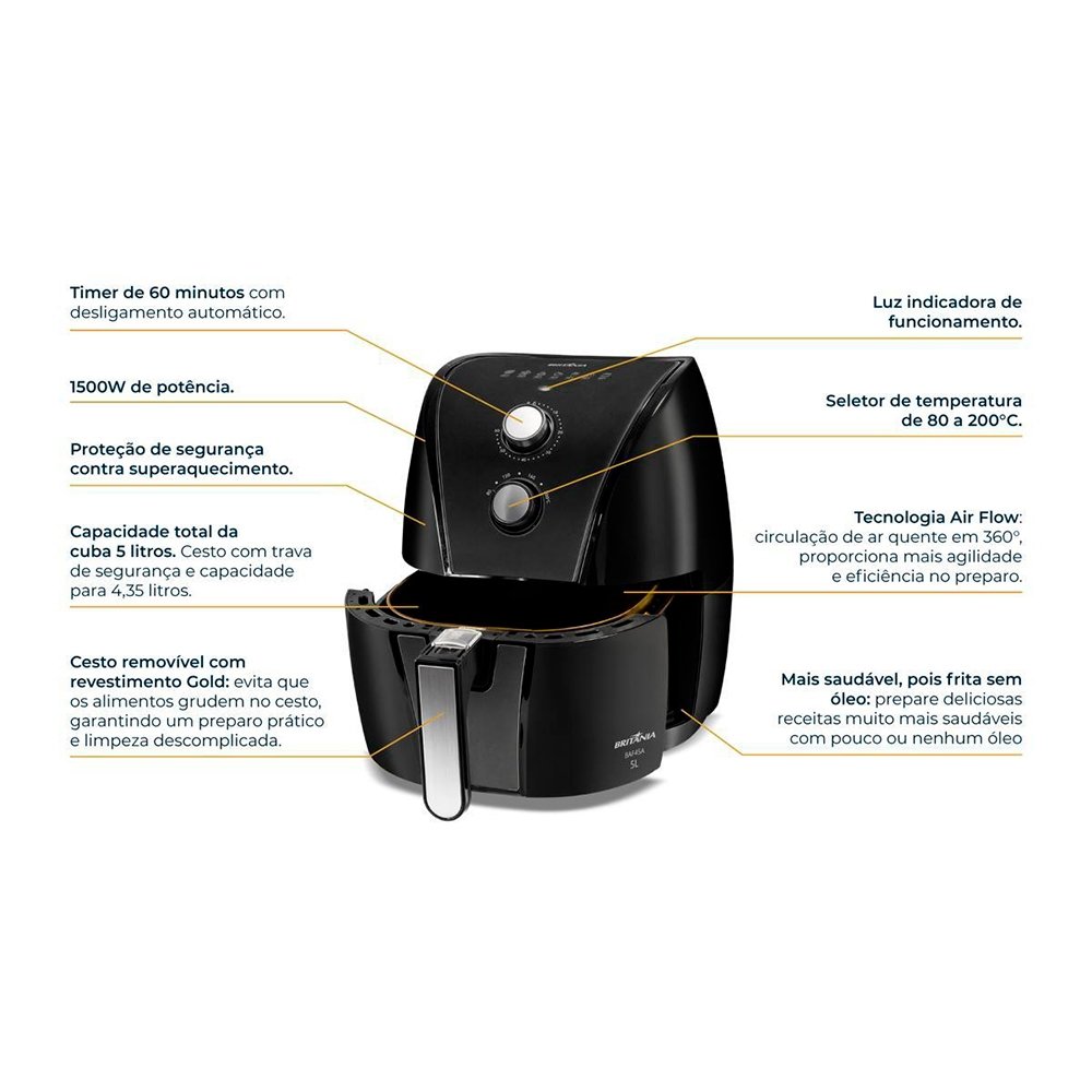 Fritadeira Air Fryer Britânia BAF45A - 1500W, 5 Litros, Preto com Revestimento Gold, 220V