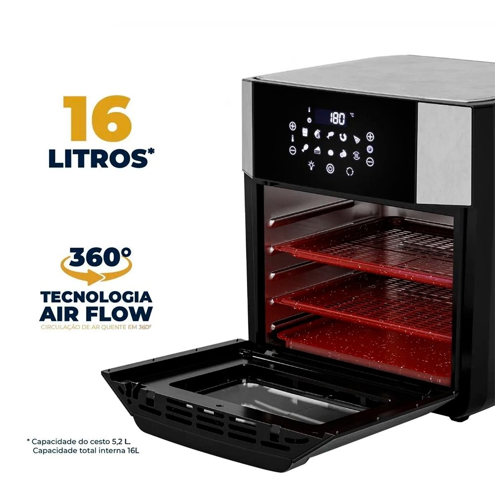 Fritadeira Air Fryer Britânia Oven BAF16A 4 Em 1 - Revestimento Antiaderente, Redstone 16 Litros, Preto 110V