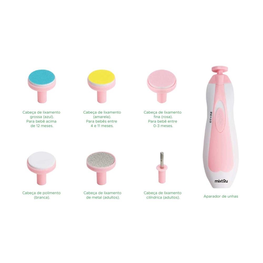 Kit Cortador Aparador De Unha Eletrico Para Bebe E Crianca - C/ 6 Refis - Rosa
