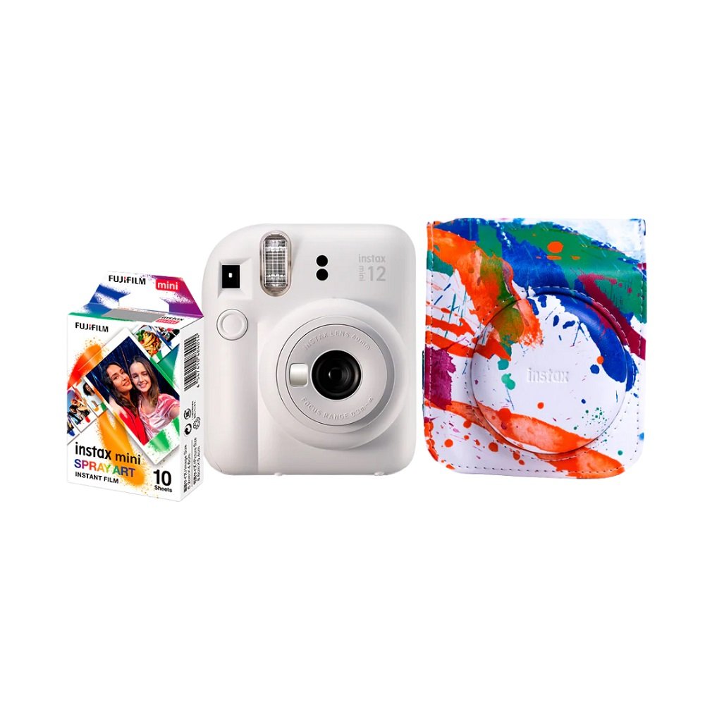 Kit Camera Instantanea Instax Mini 12 Branca Com Pack 10 Fotos E Bolsa Spray Art, Fujifilm