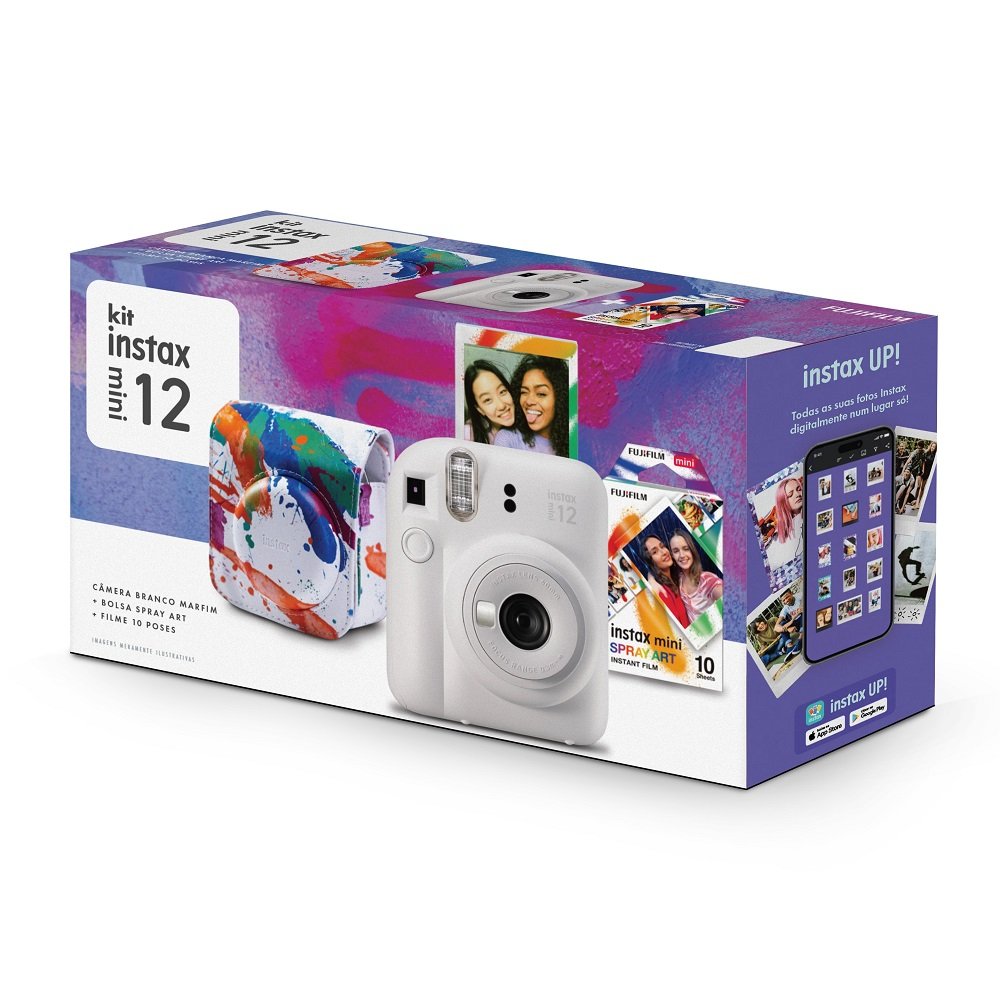 Kit Camera Instantanea Instax Mini 12 Branca Com Pack 10 Fotos E Bolsa Spray Art, Fujifilm