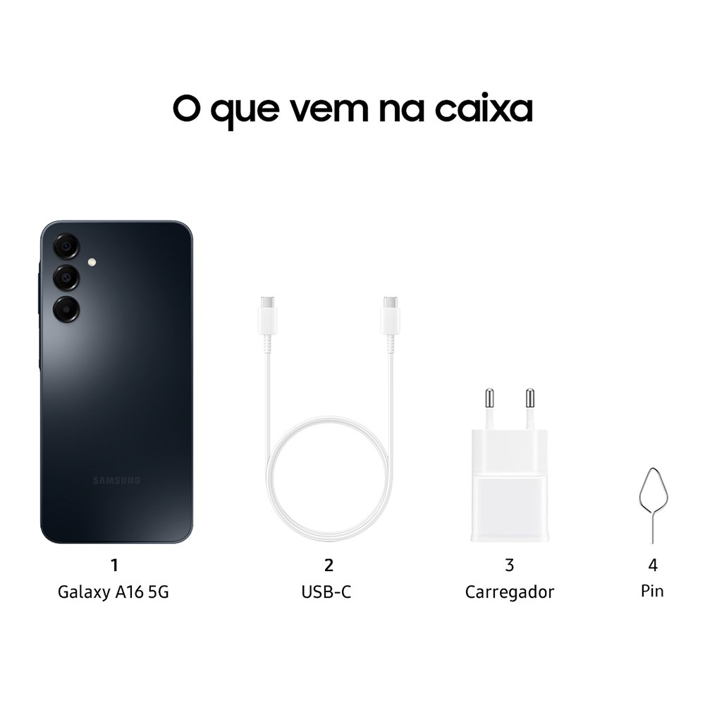 Smartphone Samsung Galaxy A16 A165M Preto - Tela 6.7", 4G+Wi-Fi+NFC, Câm. Tripla Traseira - Android 14, 4GB RAM, 128GB
