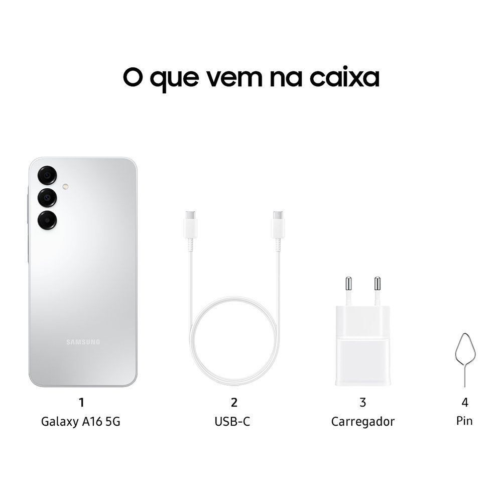 Smartphone Samsung Galaxy A16 A165M Cinza - Tela 6,7", 4G+Wi-Fi+NFC, Câm. Tripla Traseira - Android 14, 8GB RAM, 256GB