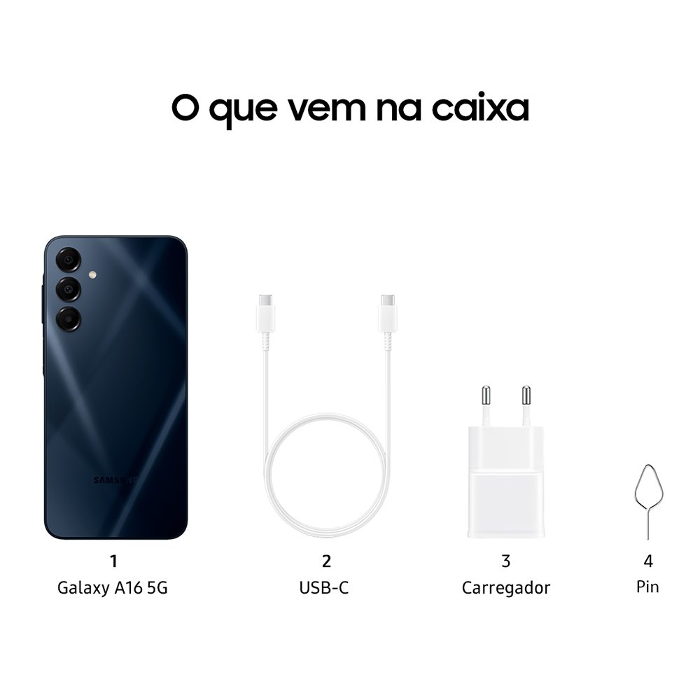 Smartphone Samsung Galaxy A16 A166M Azul - Tela 6.7", 5G+Wi-Fi+NFC, Câm. Tripla Traseira - Android 14, 8GB RAM, 256GB