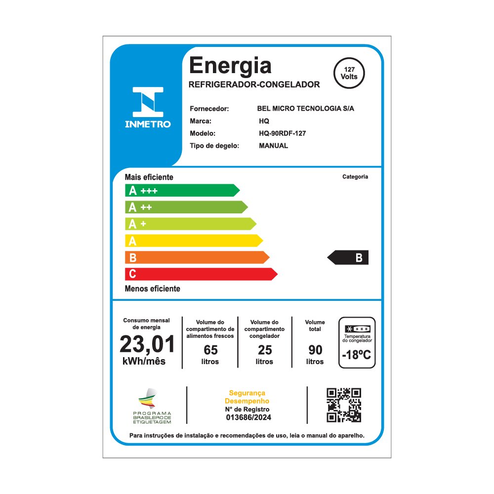 Frigobar Refrigerador Compacto HQ Defrost 90 Litros Preto/Inox HQ-90RDF 127V