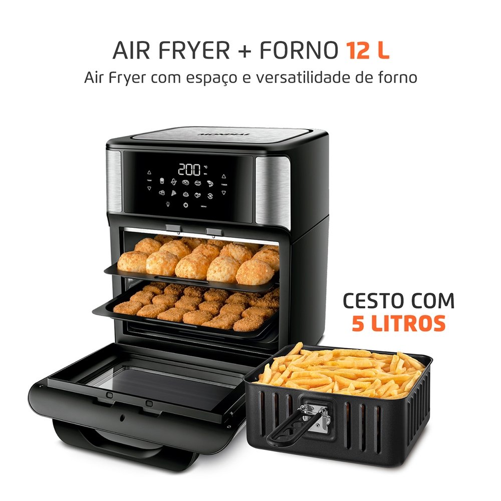 Fritadeira Air Fryer Mondial AFON-12L-BI - 12 Litros, Revestimento Antiaderente, Preto/Inox, 220V