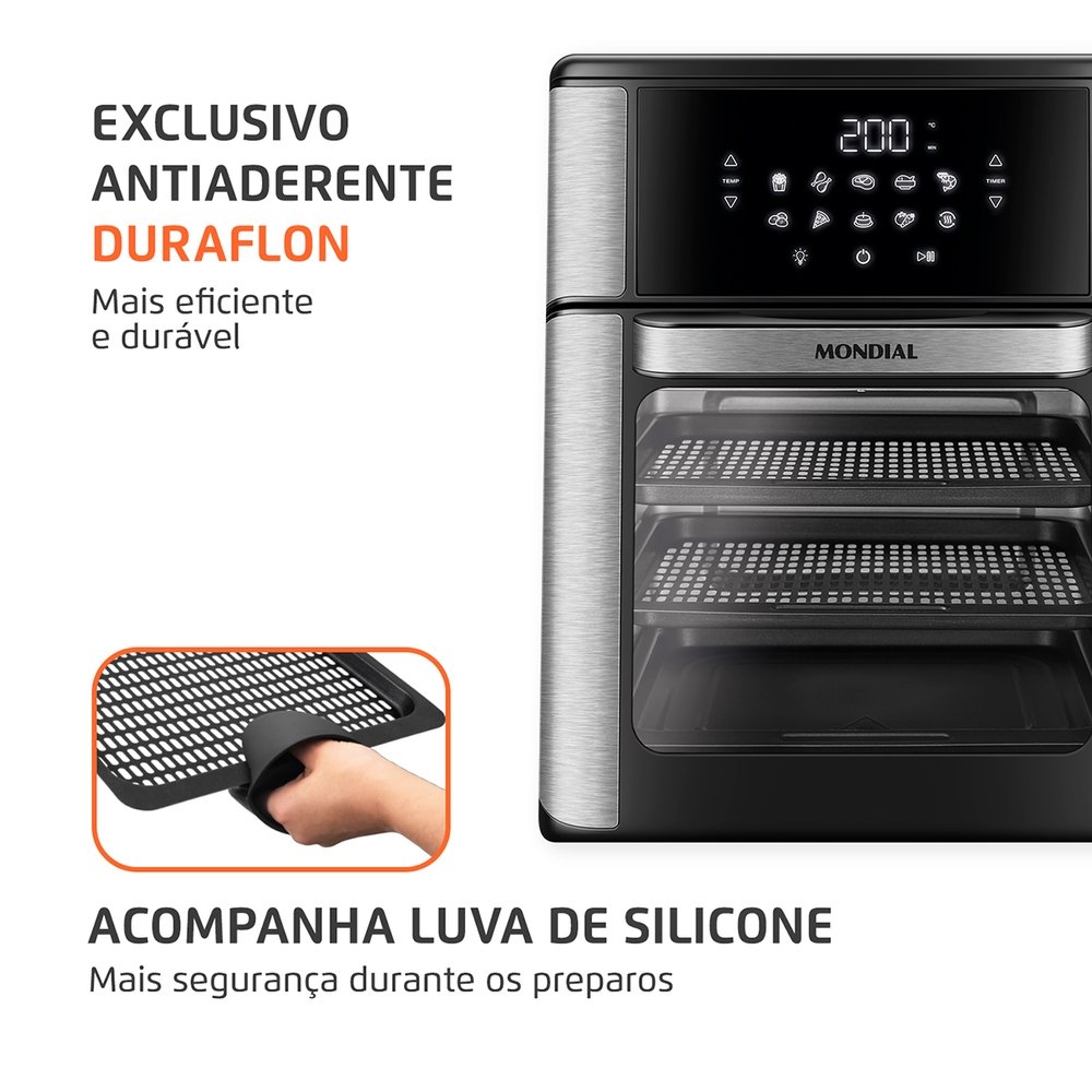 Fritadeira Air Fryer Mondial AFON-12L-BI - 12 Litros, Revestimento Antiaderente, Preto/Inox, 220V