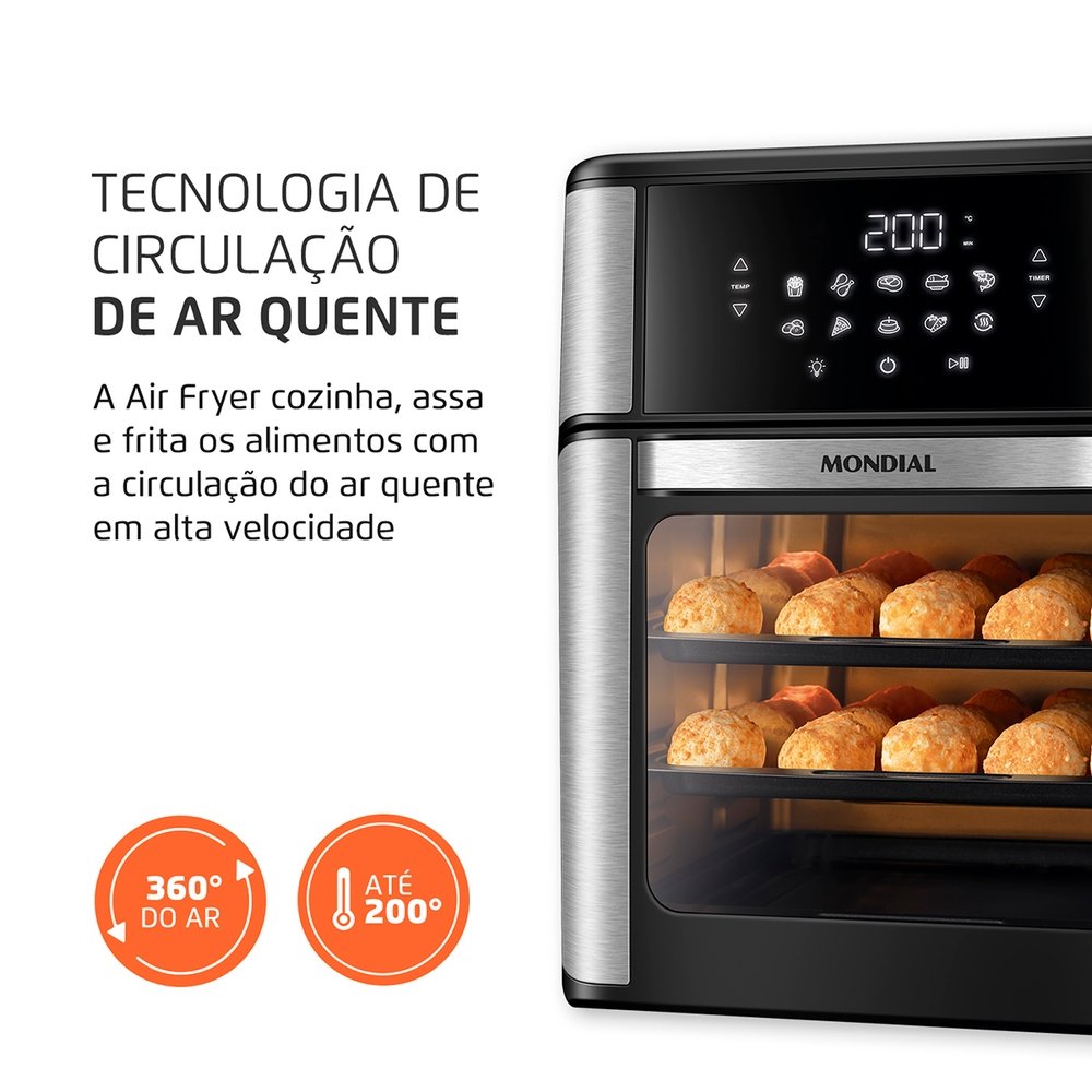 Fritadeira Air Fryer Mondial AFON-12L-BI - 12 Litros, Revestimento Antiaderente, Preto/Inox, 220V