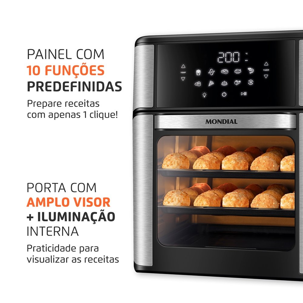 Fritadeira Air Fryer Mondial AFON-12L-BI - 12 Litros, Revestimento Antiaderente, Preto/Inox, 220V