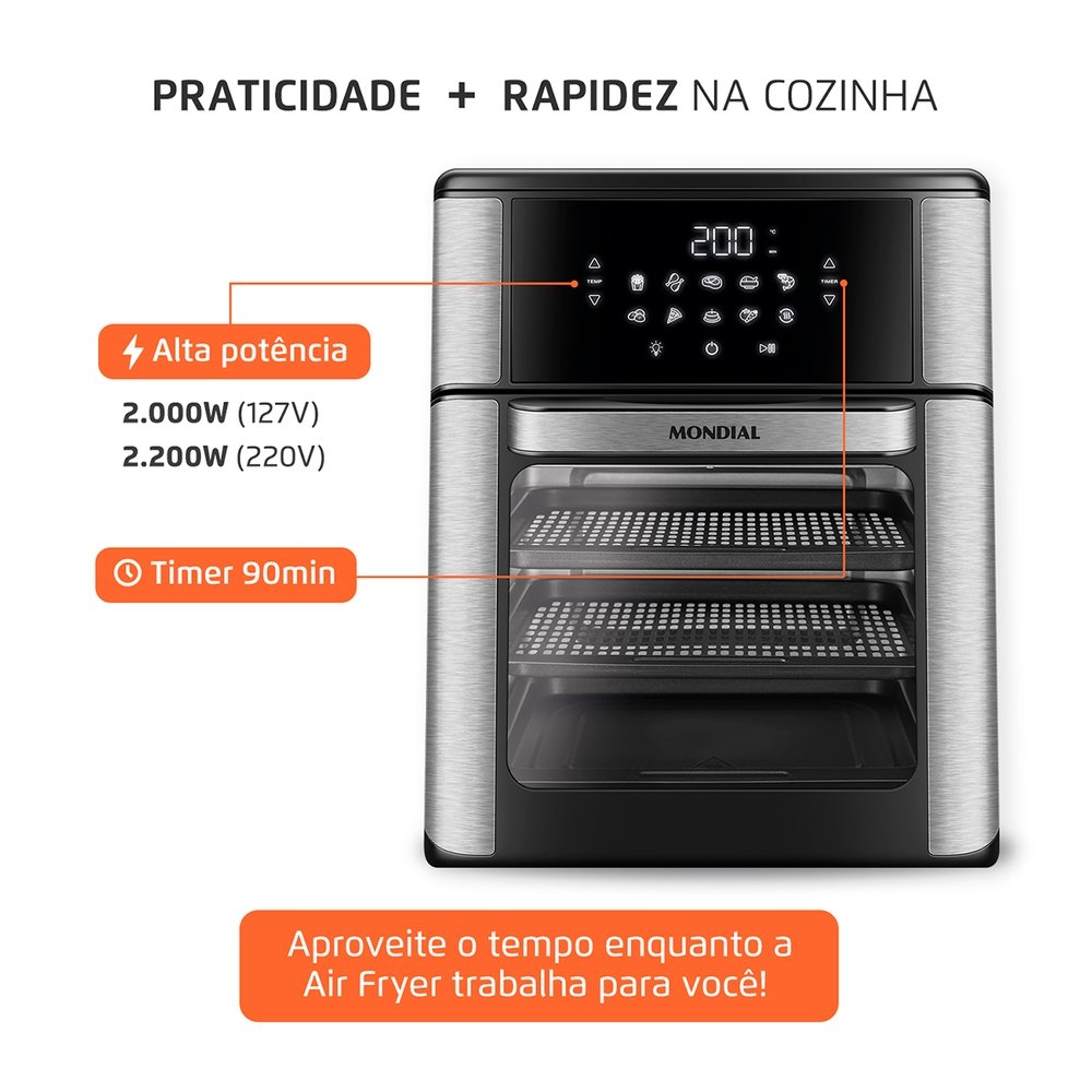 Fritadeira Air Fryer Mondial AFON-12L-BI - 12 Litros, Revestimento Antiaderente, Preto/Inox, 220V