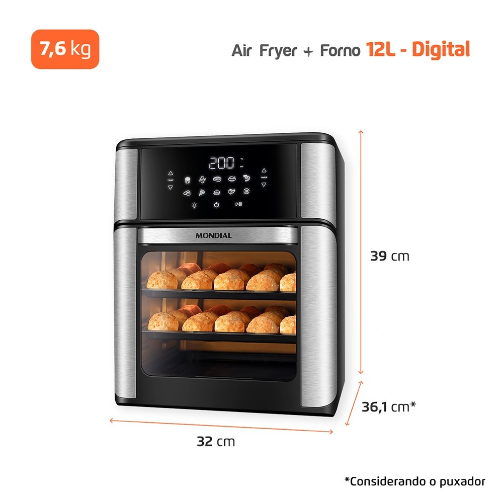 Fritadeira Air Fryer Mondial AFON-12L-BI - 12 Litros, Revestimento Antiaderente, Preto/Inox, 220V