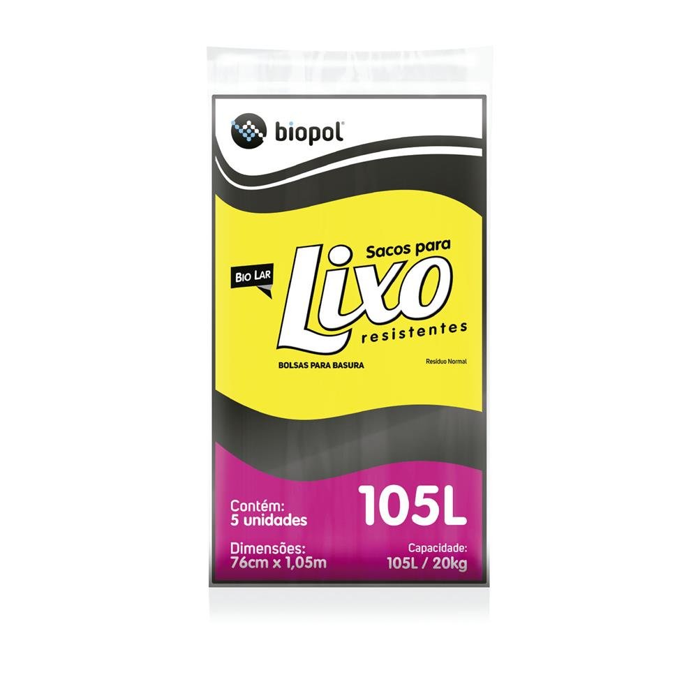 Saco Para Lixo Almofada Bio Lar Preto 105L 76x105cm com 5 Unidades