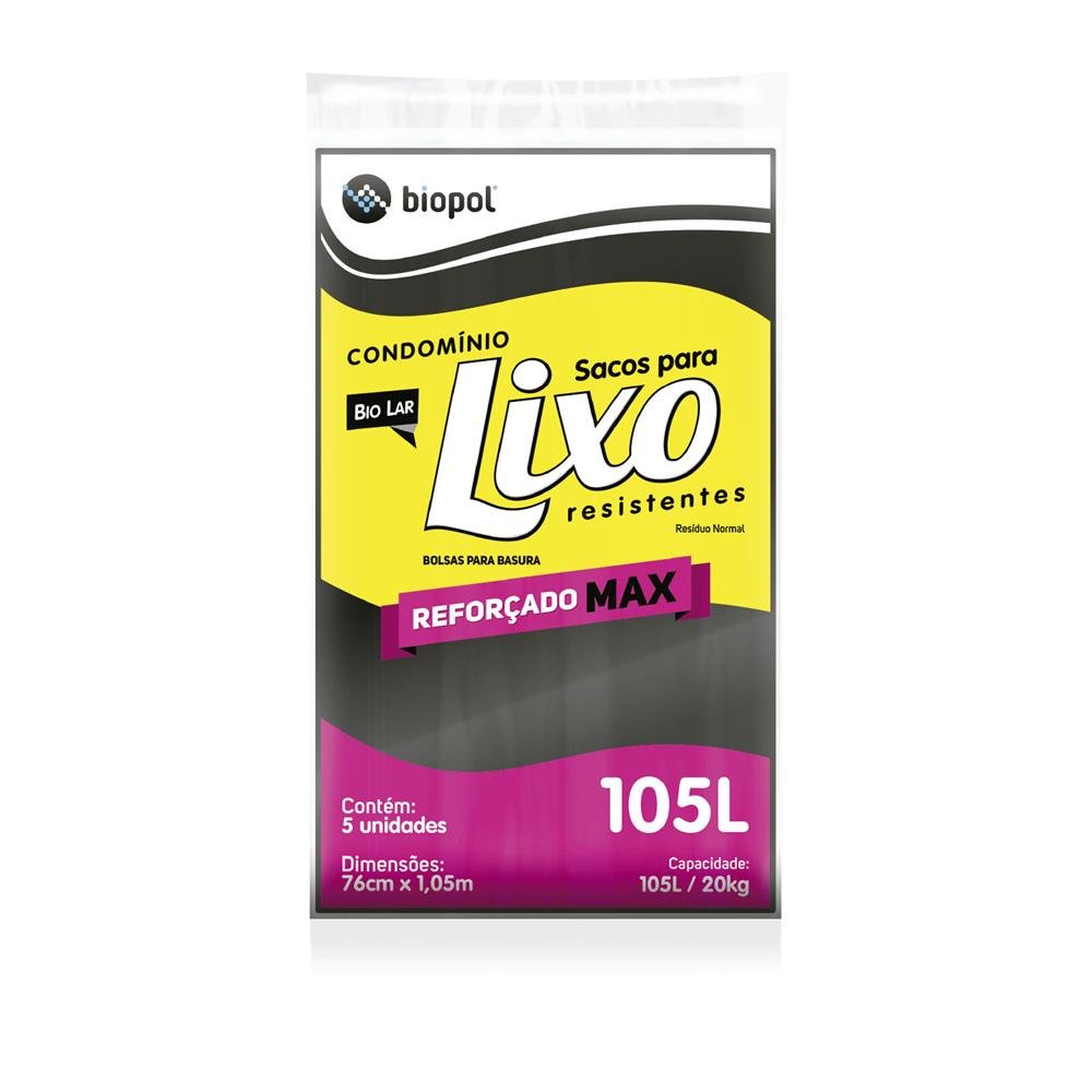 Saco Para Lixo Almofada Bio Lar Preto Reforçado Max 105L 76x105cm com 5 Unidades