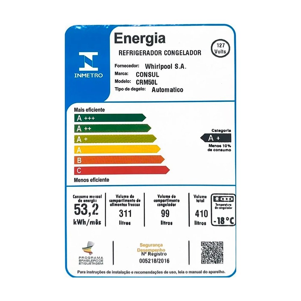 Geladeira/Refrigerador Consul 410 Litros CRM50LK - Frost Free, 2 Portas, Inox, 110V