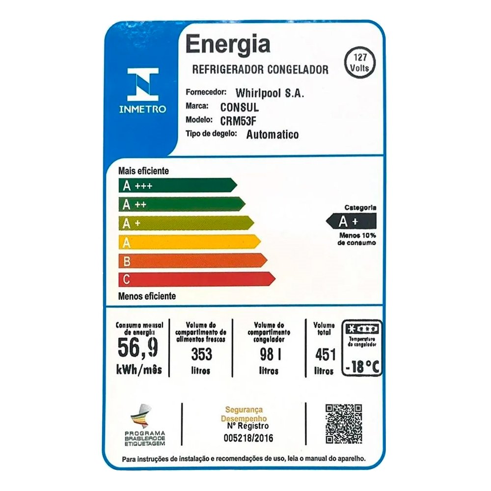 Geladeira/Refrigerador Consul 451 Litros CRM53FB - Frost Free, 2 Portas, Branco, 110V