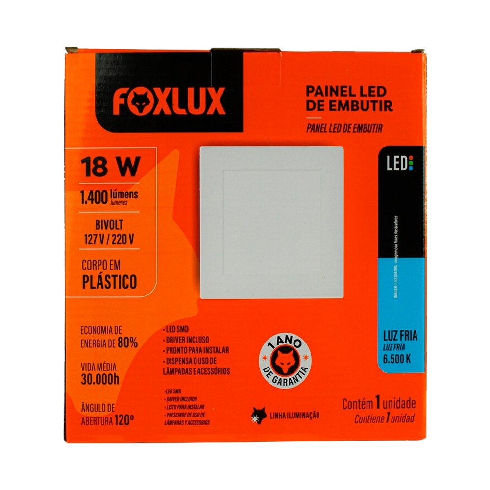 Plafon Painel LED Foxlux Plástico Quadrado Embutir 18W 22cm 6,5K
