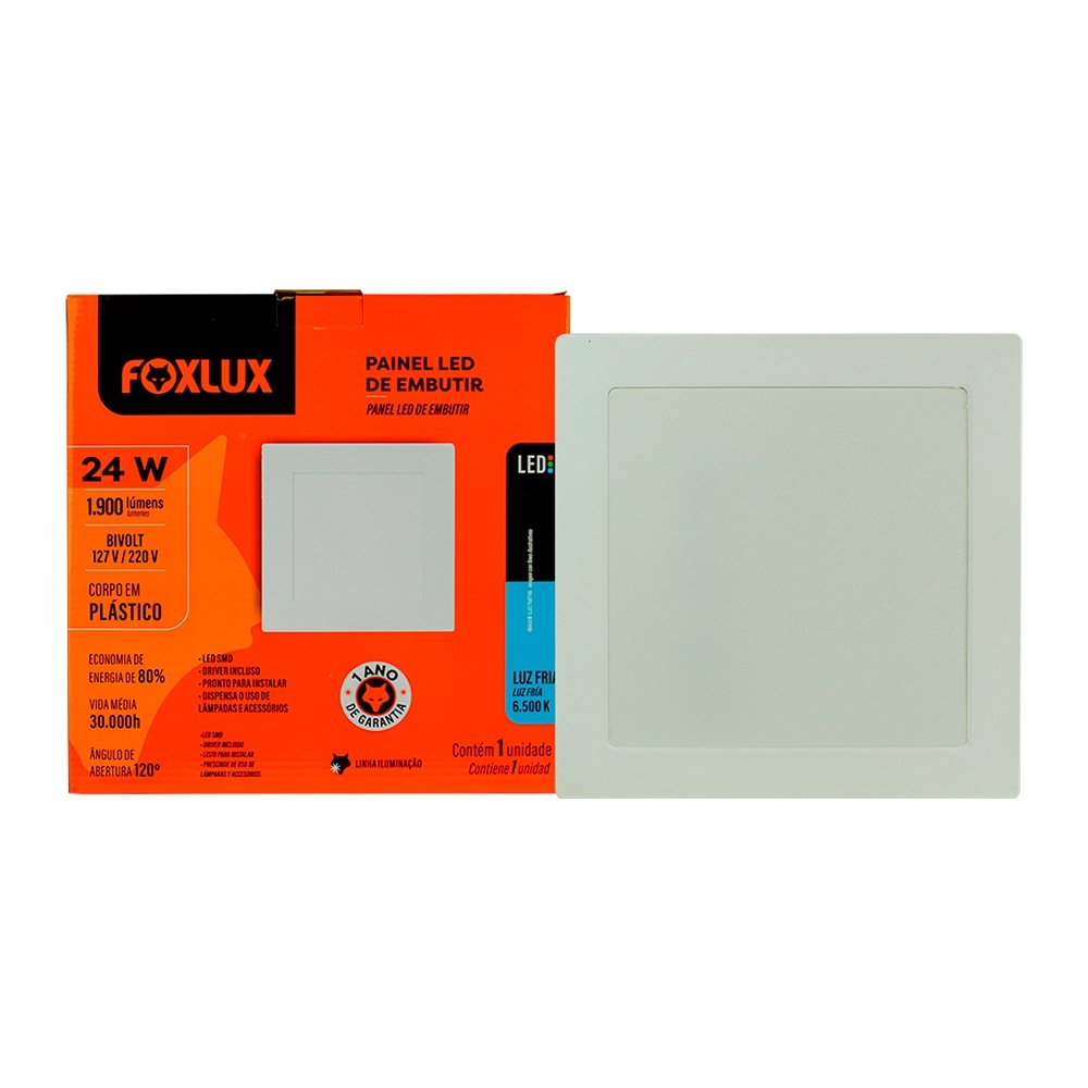 Plafon Painel LED Foxlux Plástico Quadrado Embutir 24W 29cm 6,5K