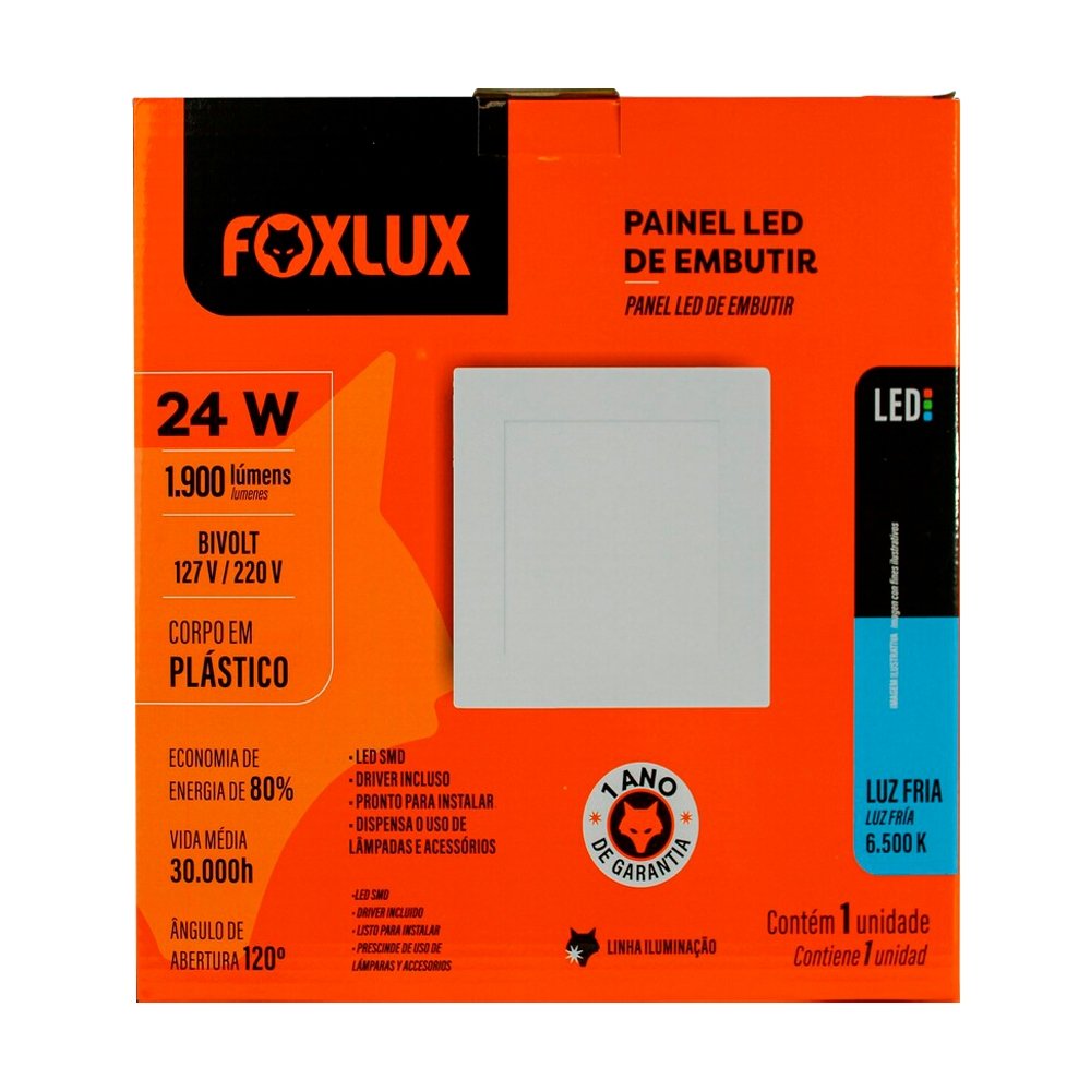 Plafon Painel LED Foxlux Plástico Quadrado Embutir 24W 29cm 6,5K