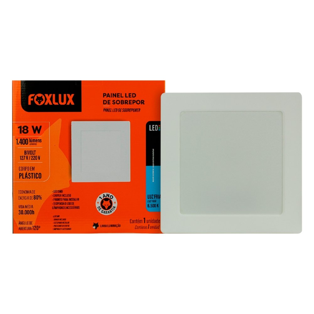 Plafon Painel LED Foxlux Plástico Sobrepor Quadrado 18W 22cm 6,5K