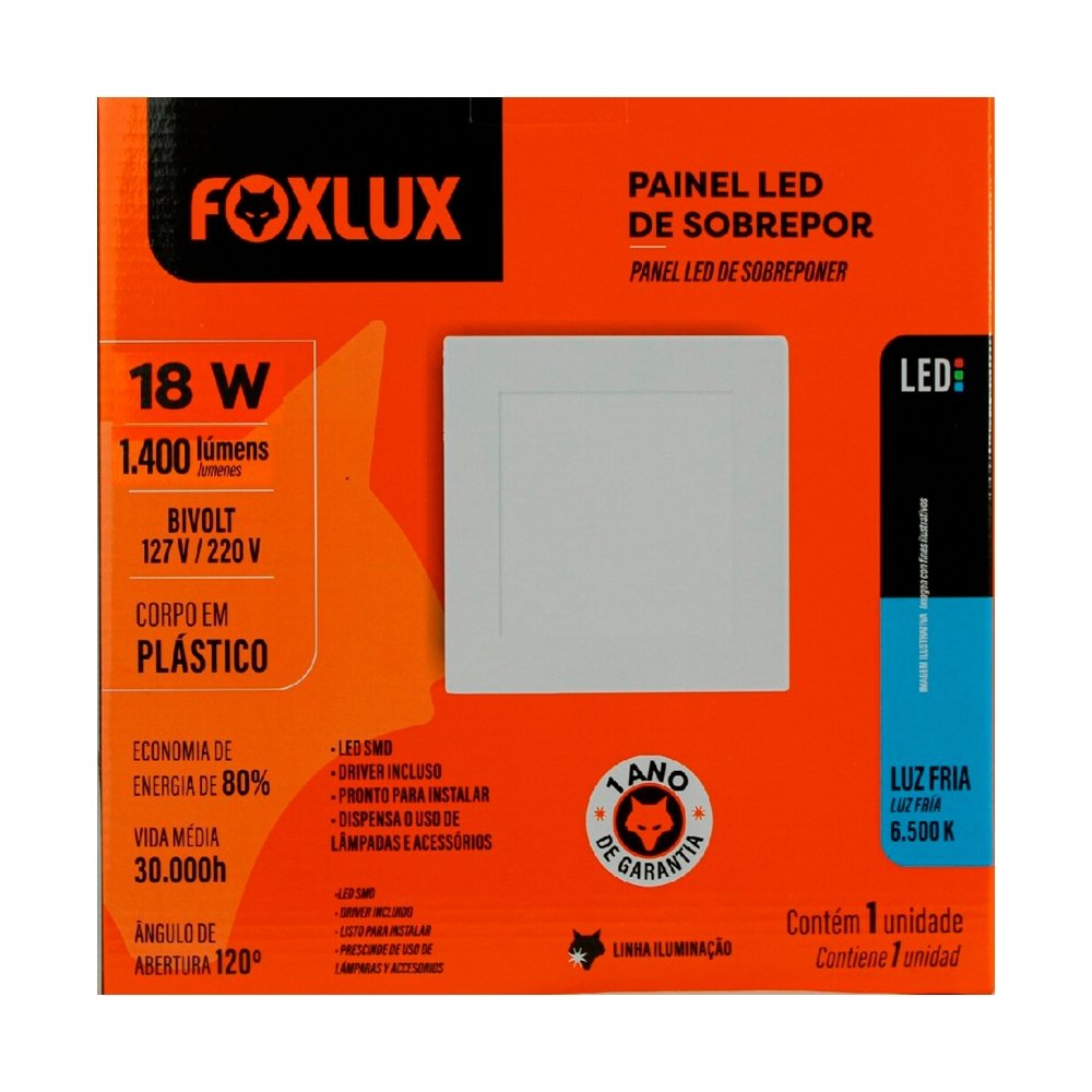 Plafon Painel LED Foxlux Plástico Sobrepor Quadrado 18W 22cm 6,5K