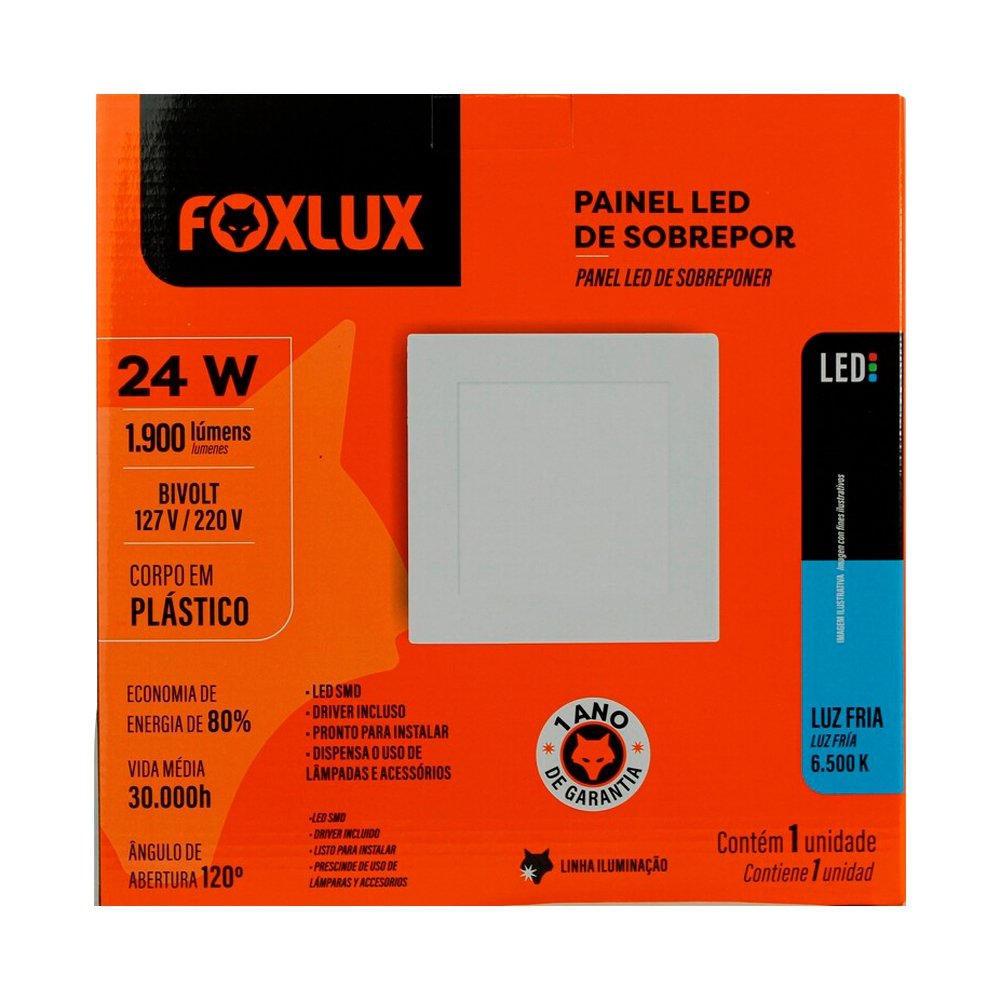 Plafon Painel LED Foxlux Plástico Quadrado Sobrepor - 24W 29cm 6,5K
