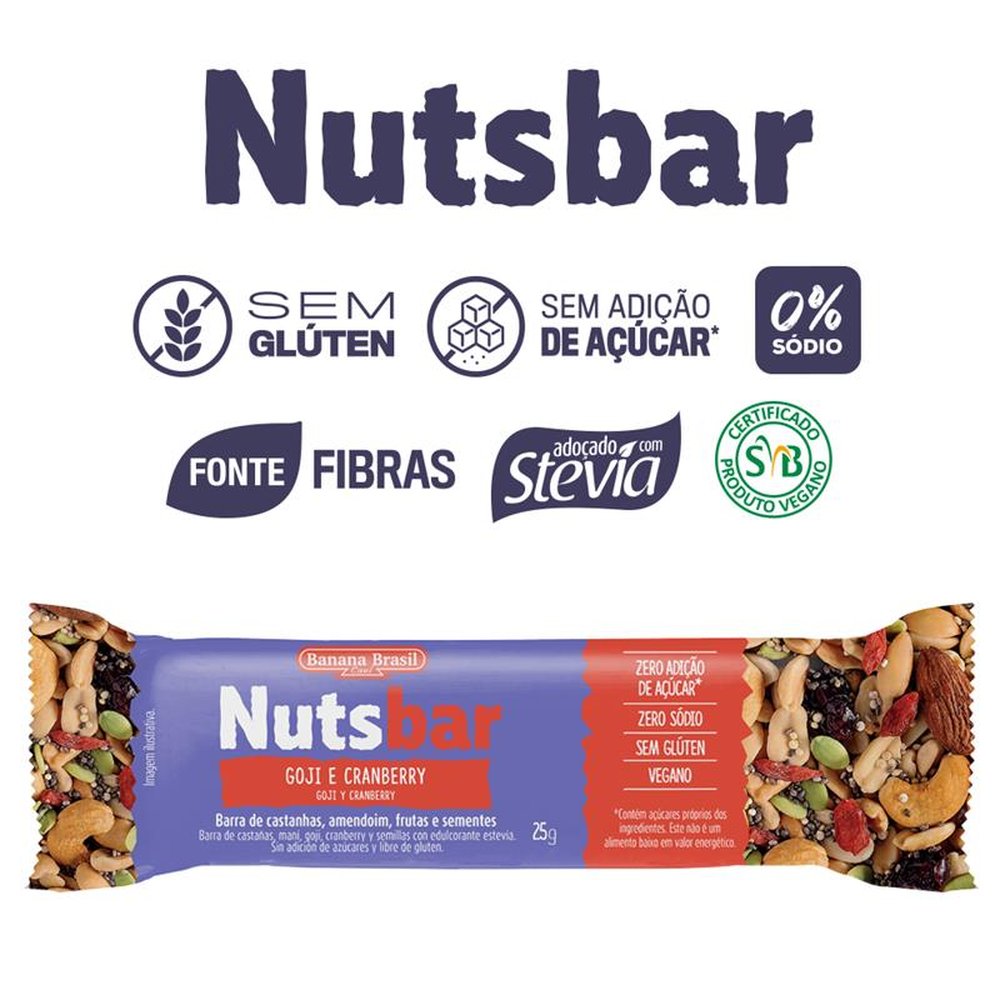 Nutsbar - Barra de Castanhas, Goji e Cranberry 25g - Pack com 2 unidades - Cx c/ 30 Pack