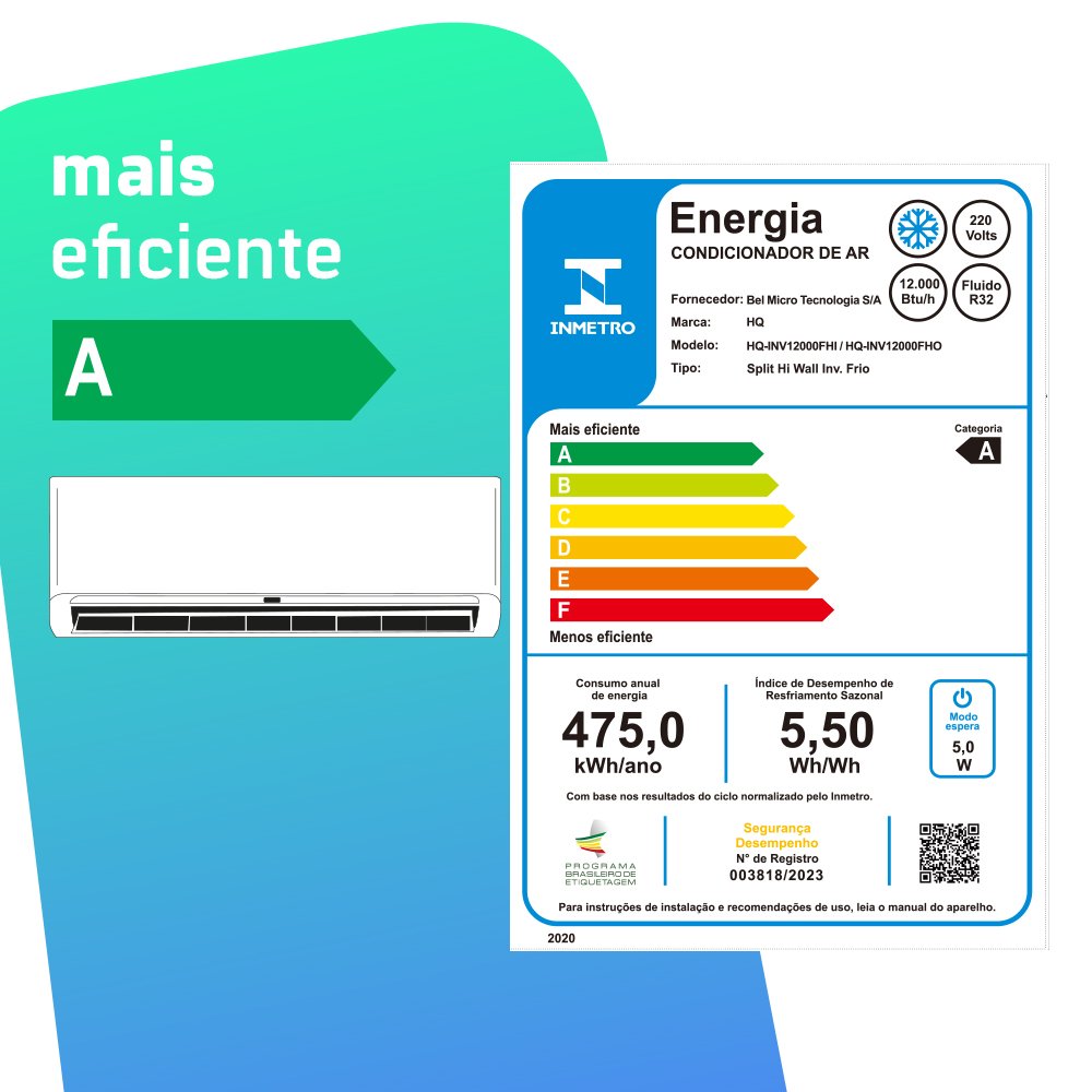 Ar Condicionado Split HQ Hi Wall Inverter 12.000 BTU/h Frio Monofasico Branco HQ-INV12000FH - 220V