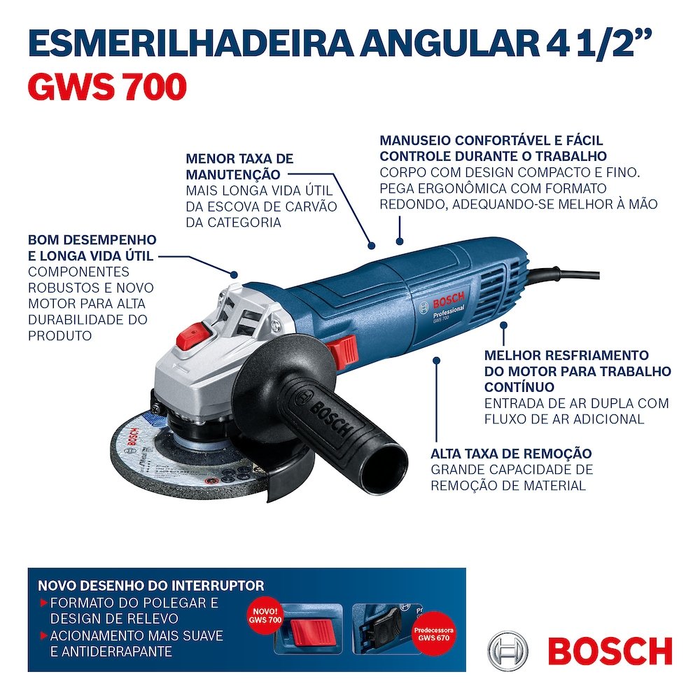 Esmerilhadeira Angular Bosch GWS 700 710W 220v + 5 Discos Inclusos