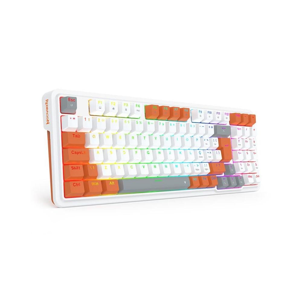 Teclado Mecanico Gamer Redragon Gloria, RGB, Switch Dust-Proof Red, ABNT2, Branco e Laranja - K664WOG-RGB.