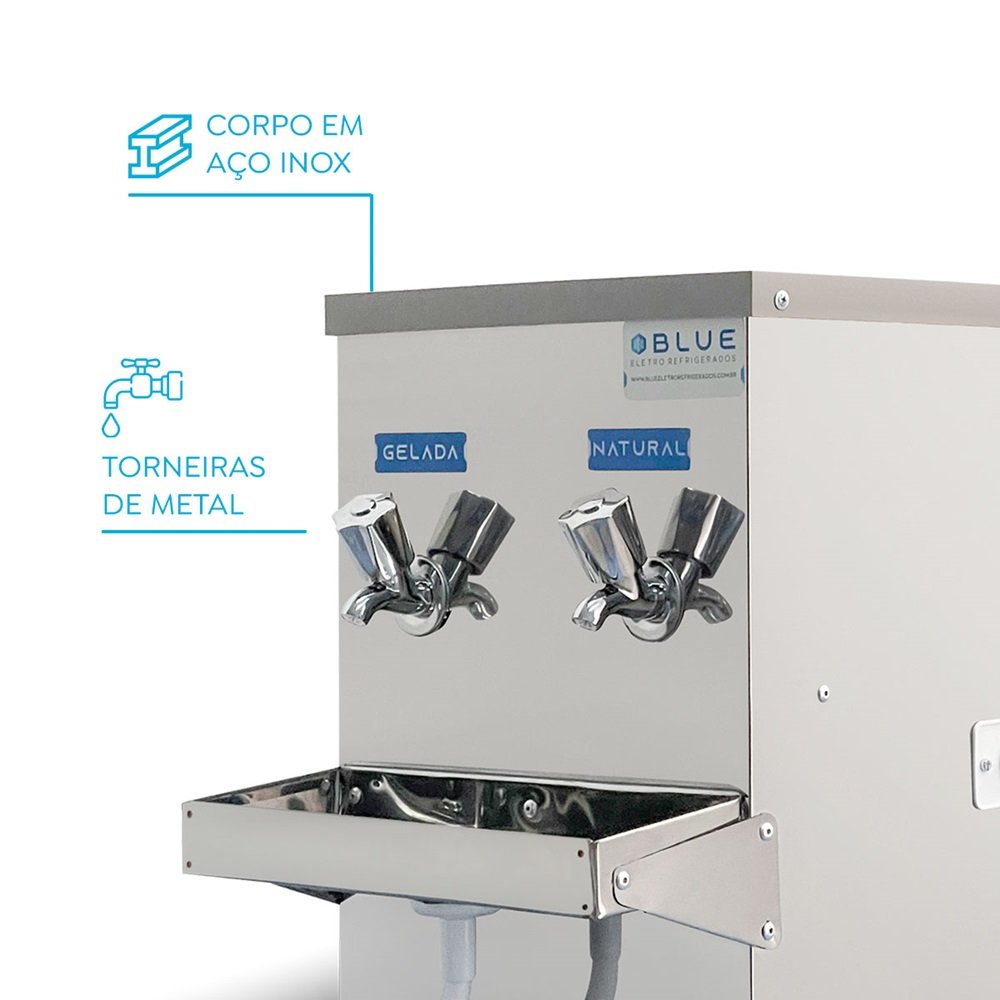 Bebedouro Purificador Industrial Blue Bancada 2 Torneiras Natural e Gelada 10L PIB10L220VN-2T Inox 220V