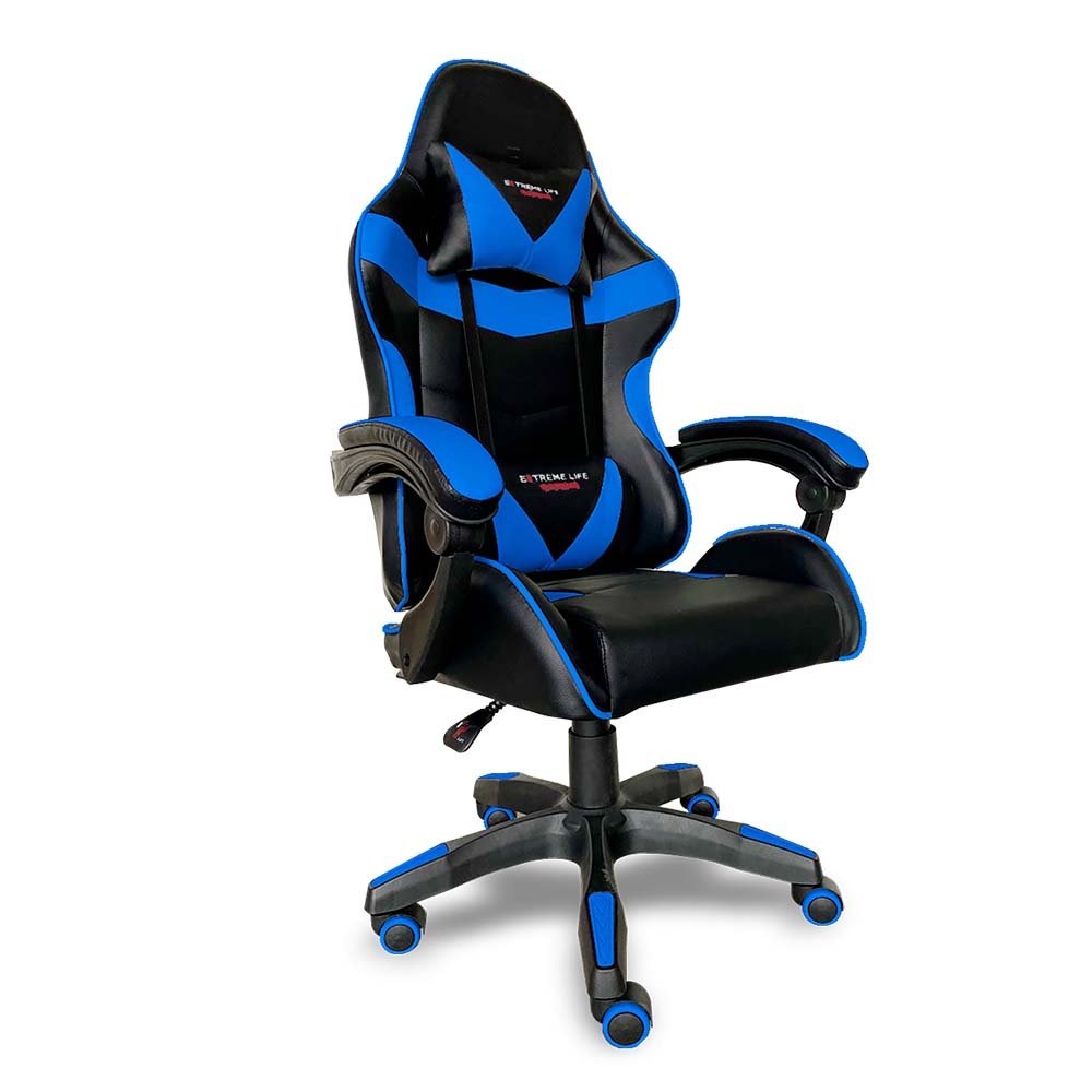 Cadeira Gamer Drakon com ajuste de altura, encosto reclinável e braços articulados preto azul ELG