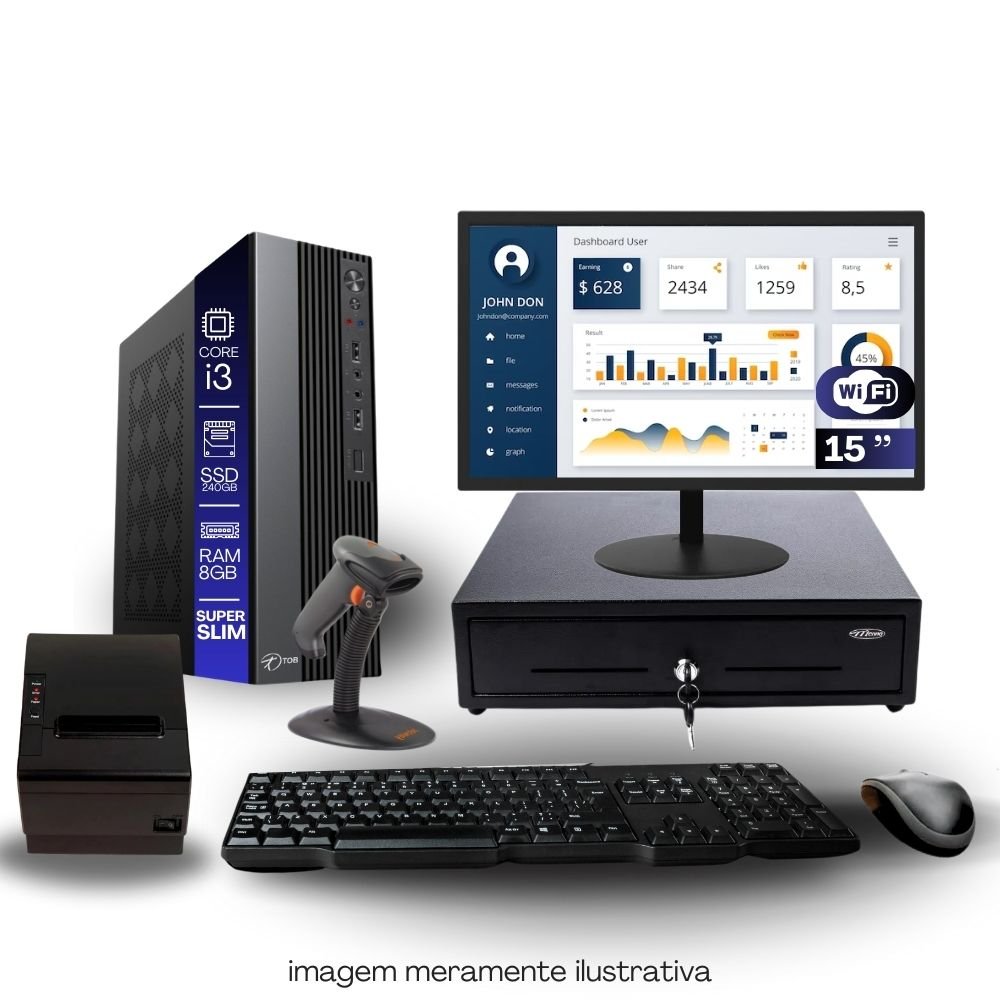 Kit Automação PDV TOB i3 8GB SSD 240GB Win10 Wi-Fi Monitor 15 Gaveta $$ Impressora Térmica Leitor Código Barras Teclado Mouse